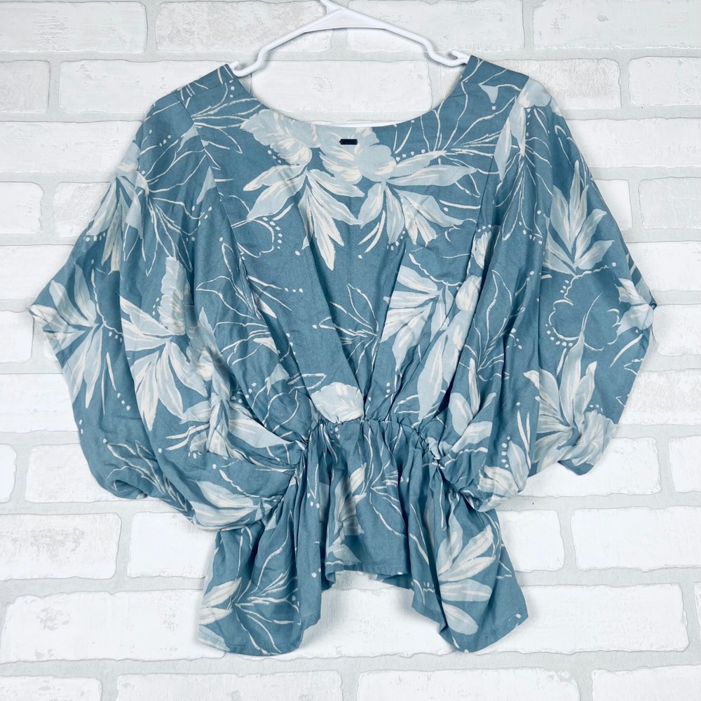 ONeill Womens XS Blue Tropical Floral Surplice V-Neck Dolman Sleeve Peplum Top - Picture 11 of 12